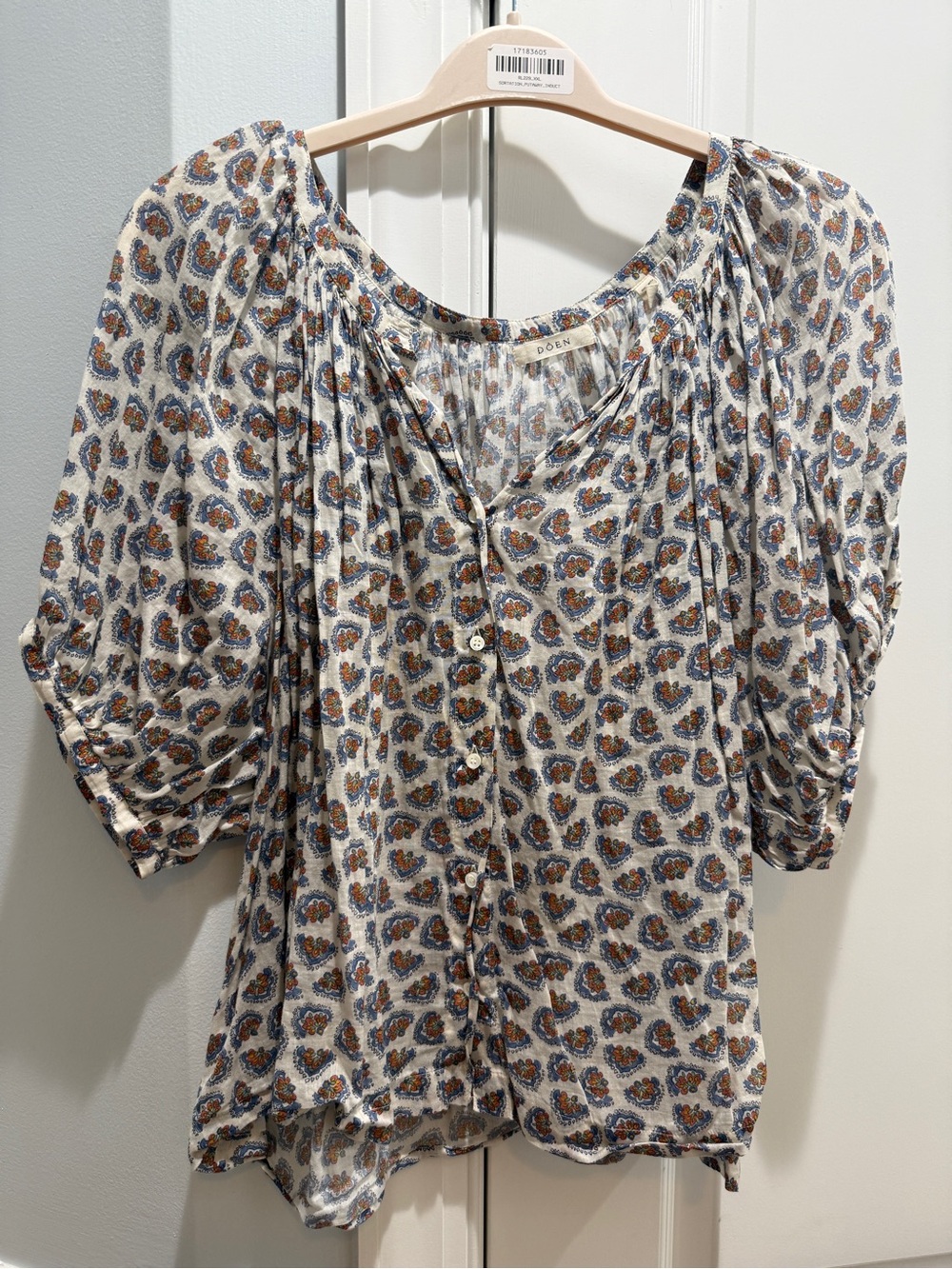 Doen Cream Paisley Button-Front Blouse with Blue & Brown Accents